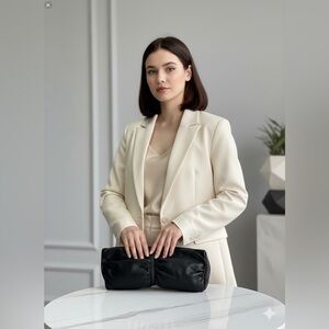 Fossil Black Genuine Leather Ruched Bow Clutch Bag Evening Minimalist Y2K Vibe